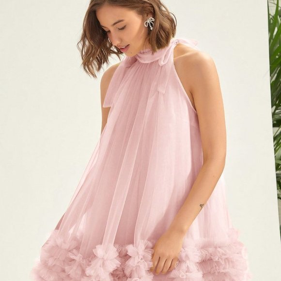 Sweet Valentine's Day Halter Neck Mesh Mini dressPink - Picture 5 of 5